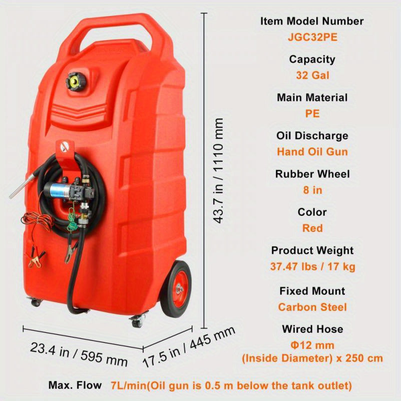 32 Gallon Portable Fuel Caddy with 12V DC Pump and 8. 2 ft Hose for Gasoline and Diesel Storage