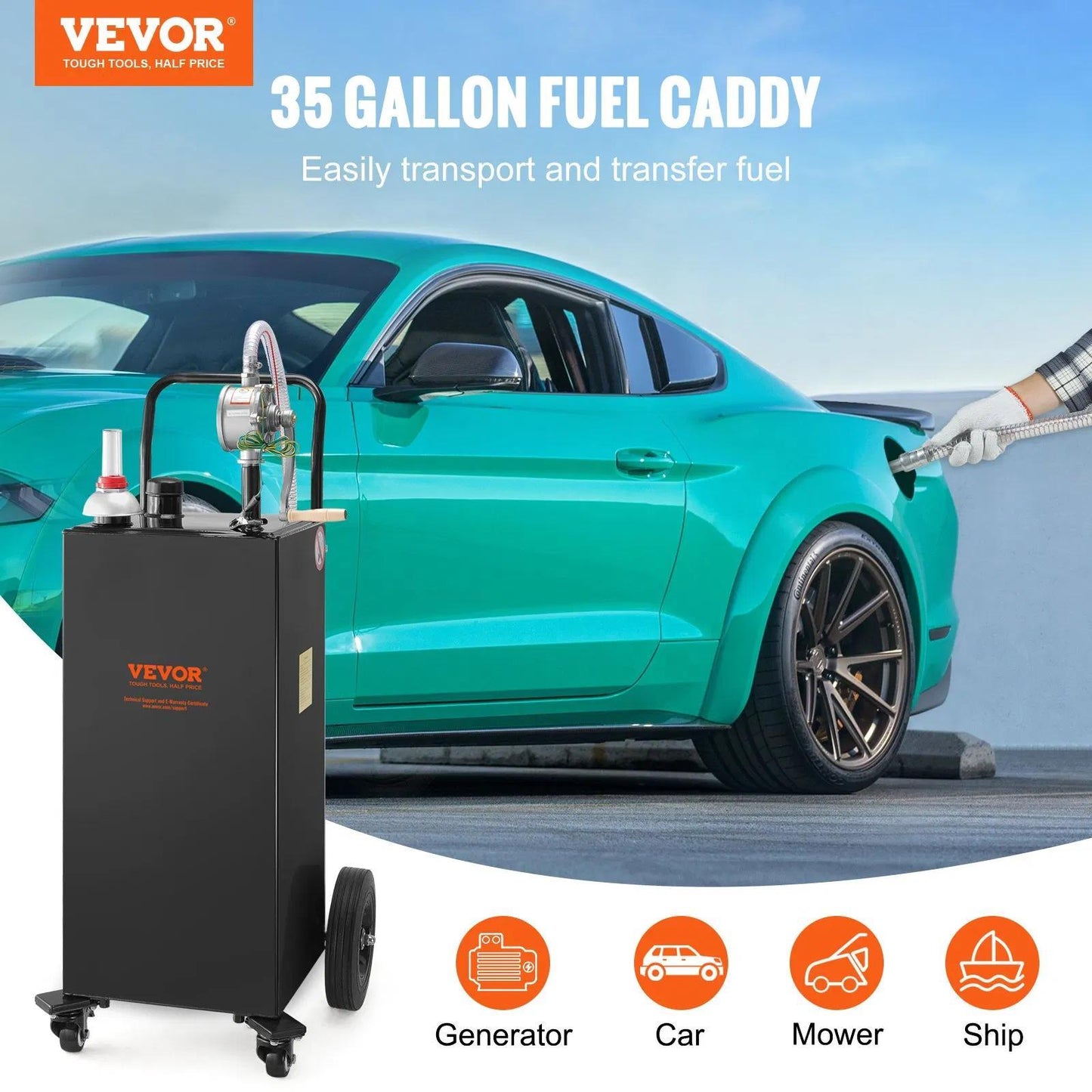 VEVOR 35 Gallon Fuel Caddy with Wheels - Portable Gas Storage Tank & Transfer Pump
