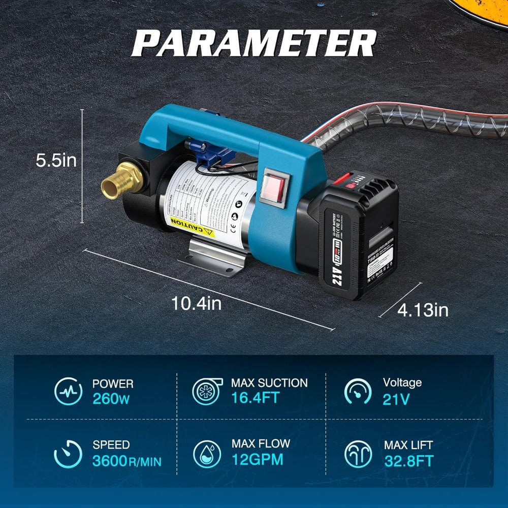 Seesii 12GPM Portable Self-Priming Diesel Pump Kit, 21V Cordless Diesel Transfer Pump with 2X4.0Ah Battery