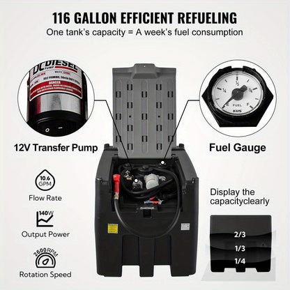 VEVOR 116 Gallon Portable Diesel Fuel Tank with 12V Electric Transfer Pump & 13.1ft Hose, 10 GPM Flow Rate