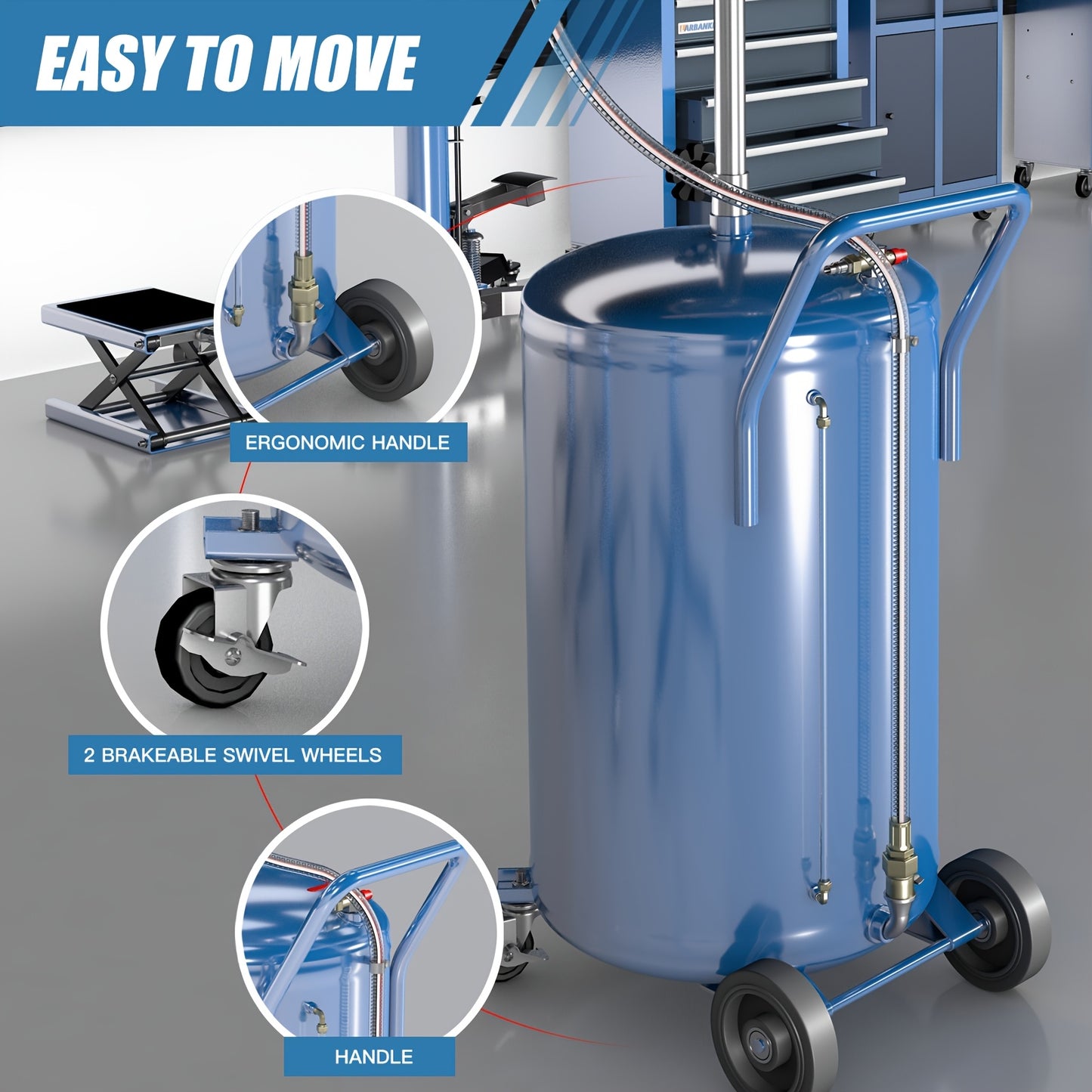 [Air Operated | Waste Oil Drain] 20 Gallon Air Operated Waste Oil Drain Tank With Wheels
