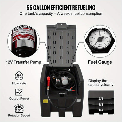 VEVOR Portable Diesel Tank 58 Gallon Capacity 10 GPM Flow Rate Diesel Fuel Tank with 12V Electric Transfer Pump and 131ft Rubber Hose